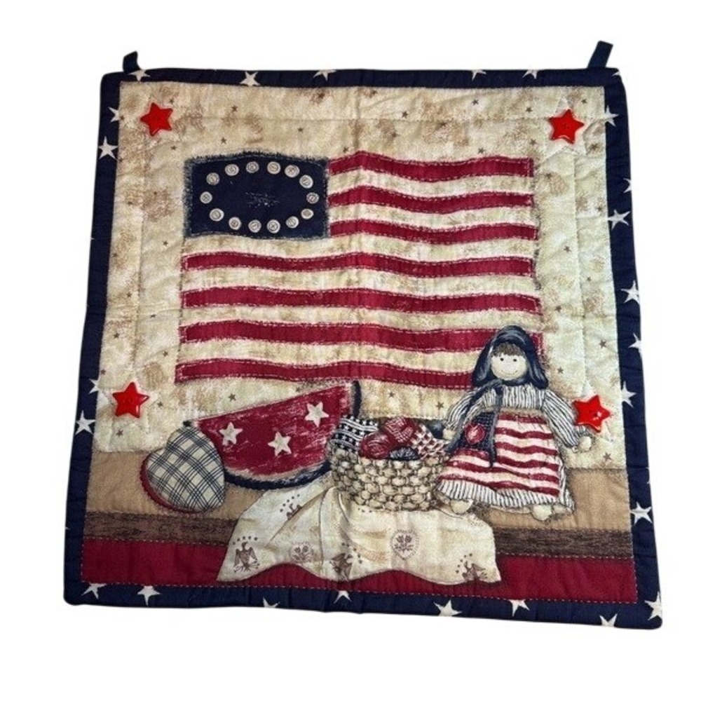 Handmade Quilted Wall Hanging Americana Red White Blue Primitive Folk Art 16x16